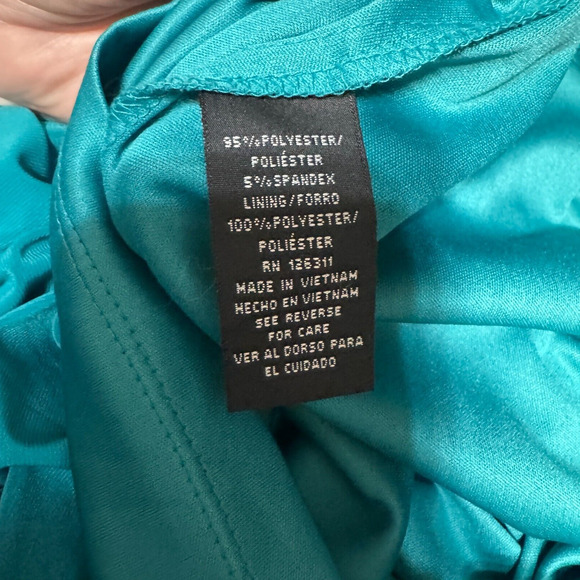 Ronni Nicole Dress teal green sz 8 cowl drape neck ruched knee length stretchy - Picture 7 of 8